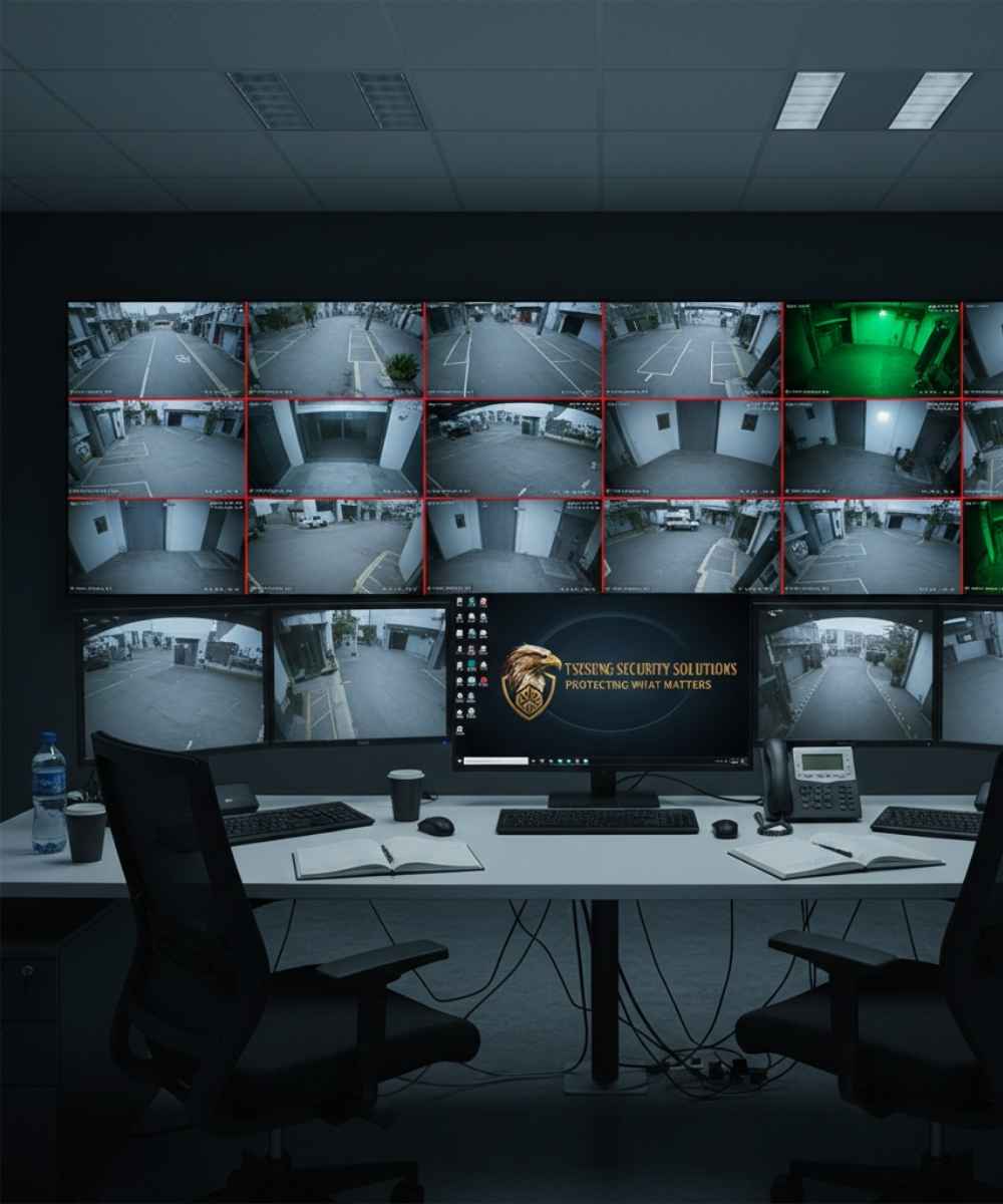 control room with cctv footage screens